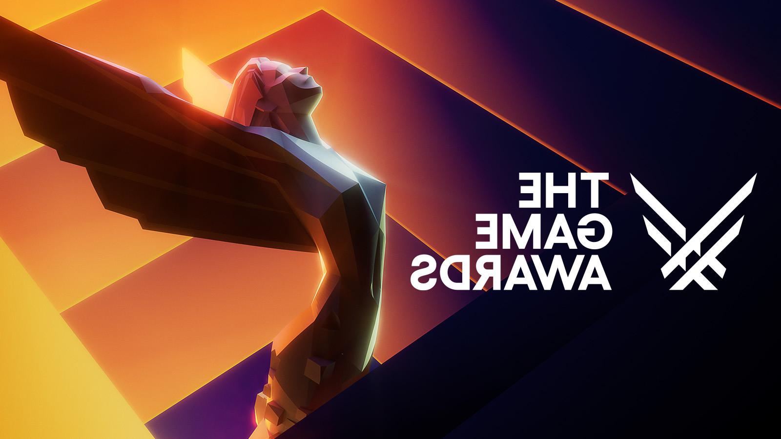 An illustration of The Game Awards statuette which features a woman with outstretched wings against an orange and yellow gradient backdrop, the words 'The Game Awards' appear in white text on the left of the image.